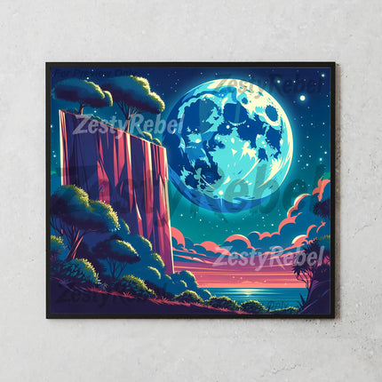 a painting of a landscape with a full moon
