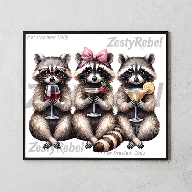 a painting of three raccoons holding glasses of wine