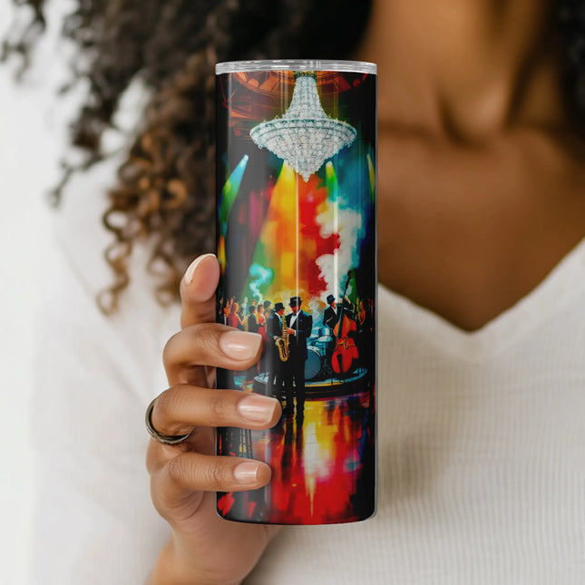 a woman holding up a can with a picture on it