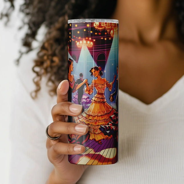 a woman holding up a can with a painting on it