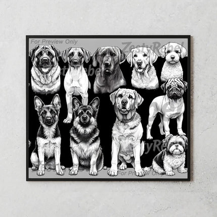 Hand-drawn 20oz tumbler wrap with various dog breeds in black and white for sublimation crafts.