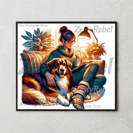 Cozy sublimation wrap with a woman, loyal dog, and books – ideal for 20oz tumbler crafting.