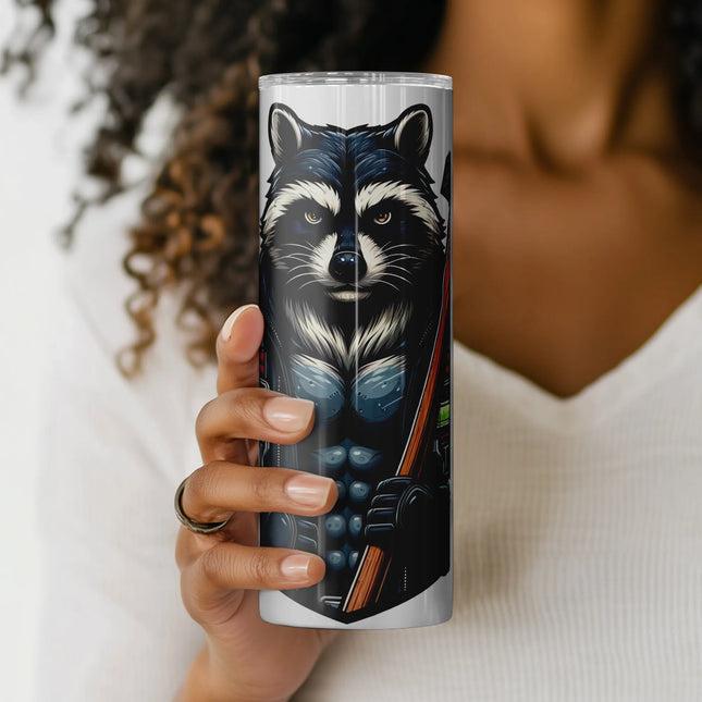 a woman holding a can of wine with a raccoon on it