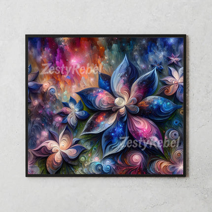 a painting on a wall of flowers and stars