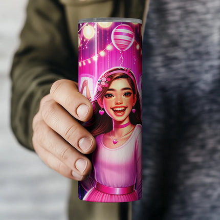 a person holding a cup with a picture of a girl on it