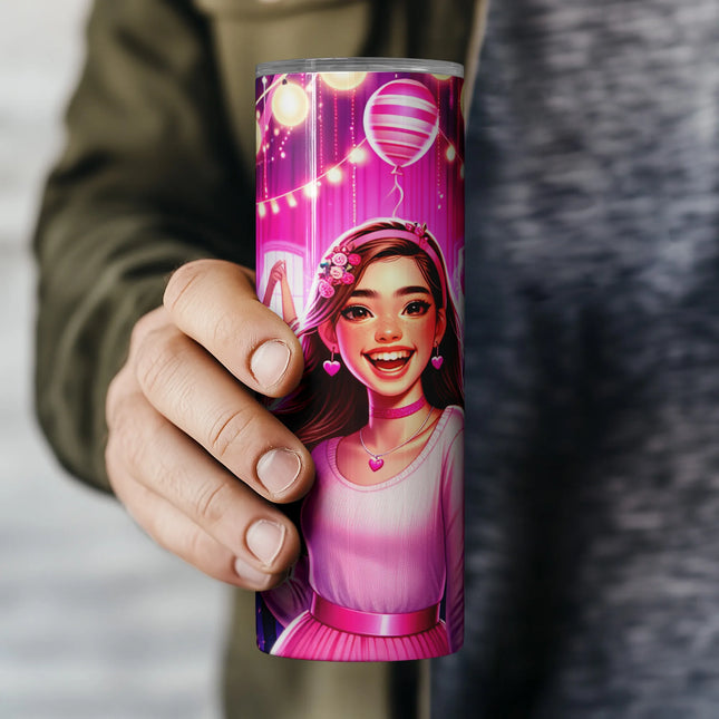 a person holding a cup with a picture of a girl on it