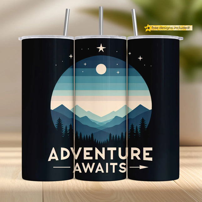 three travel mugs sitting on top of a wooden table