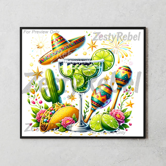 a card with a picture of a margarita and a sombrero
