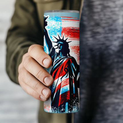 Patriotic digital wrap for tumblers with stars, stripes, and Statue of Liberty art.