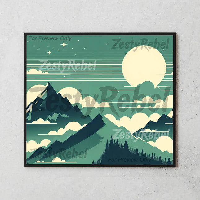 a poster of a mountain range with a full moon