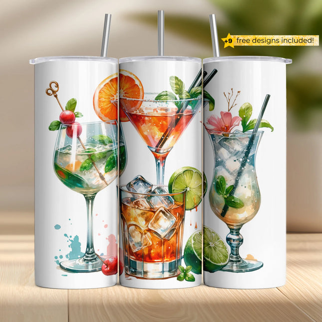 a group of three cups with drinks on them