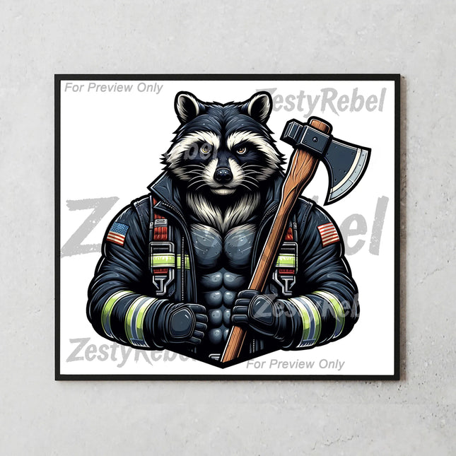 a raccoon wearing a fireman's uniform holding an axe