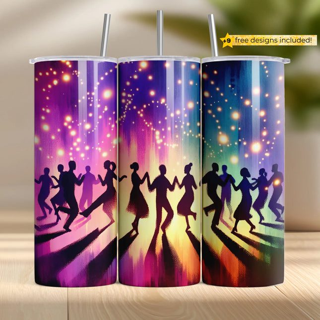 three colorful tumbles with silhouettes of people dancing