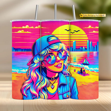 Tumbler wrap PNG with vibrant neon girl, sunset, beach and skyline in bold 80s vaporwave style.