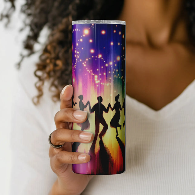 a woman holding a can with a picture of a couple dancing