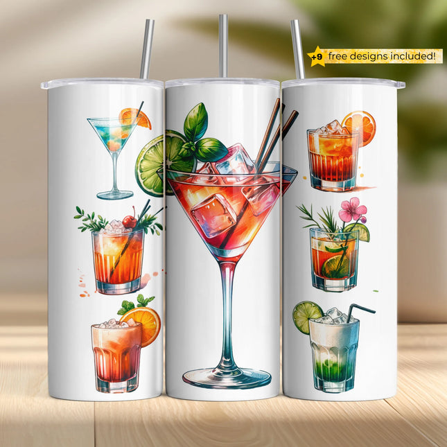 a group of three cups with drinks on them