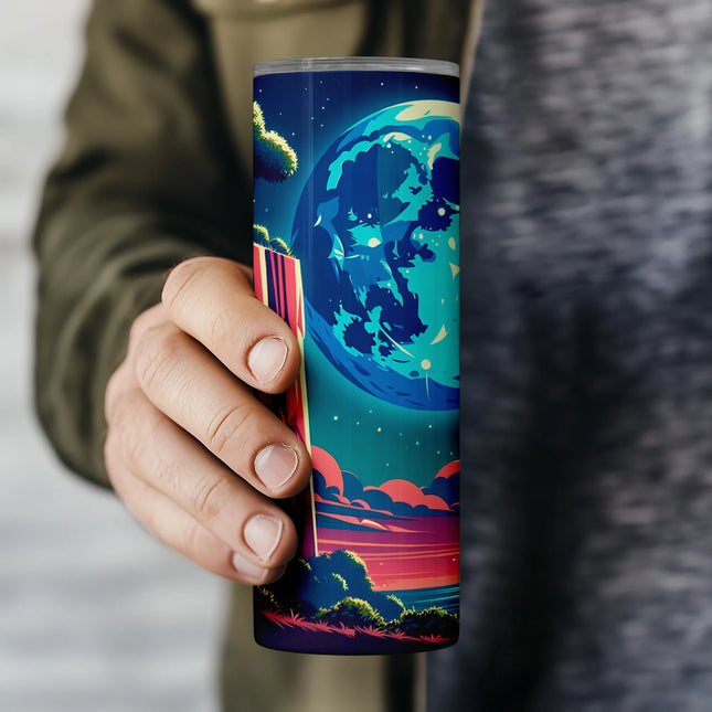 a person holding a travel mug in their hand