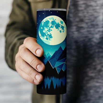 a person holding a travel mug with a full moon in the background