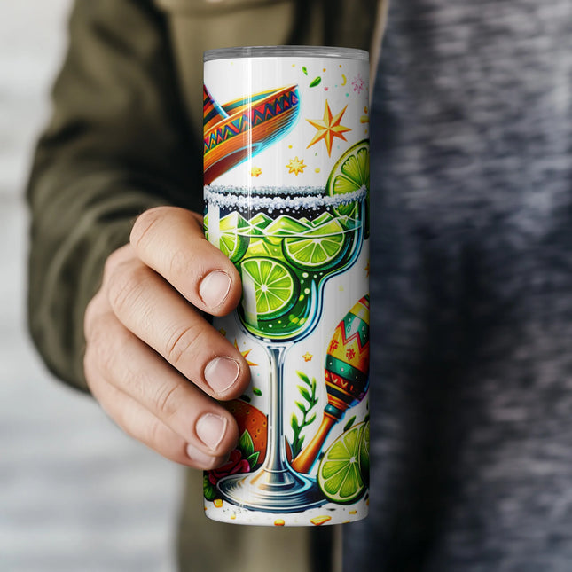 a person holding a cup with a painting on it