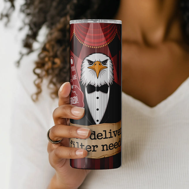a woman holding a can of beer with an eagle on it