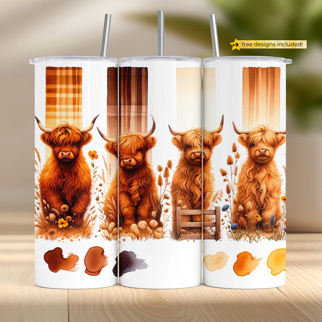 Highland cow tumbler wrap PNG with soft pink roses and pampas grass for sublimation.