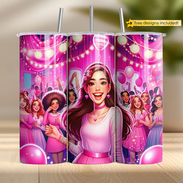 a picture of a girl's birthday party with balloons and balloons