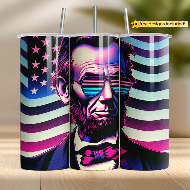 Patriotic sublimation wrap design with Abraham Lincoln in rainbow sunglasses and American flag.