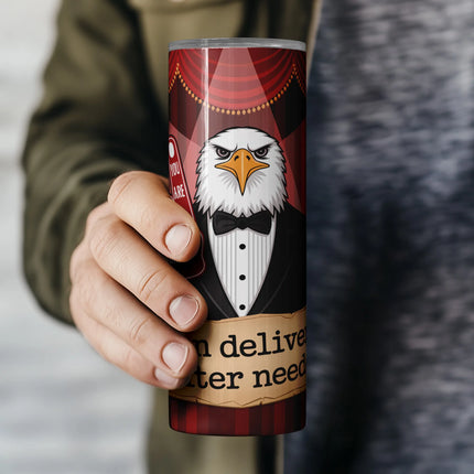 a person holding a coffee cup with an eagle on it