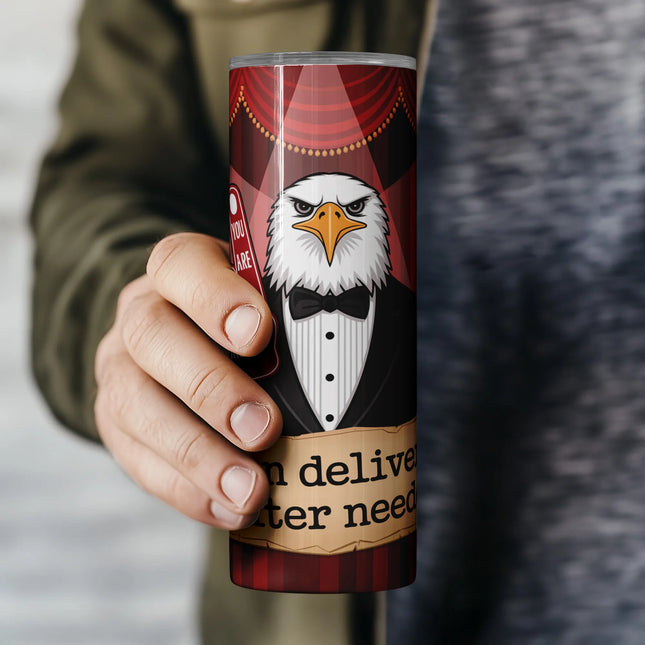 a person holding a coffee cup with an eagle on it