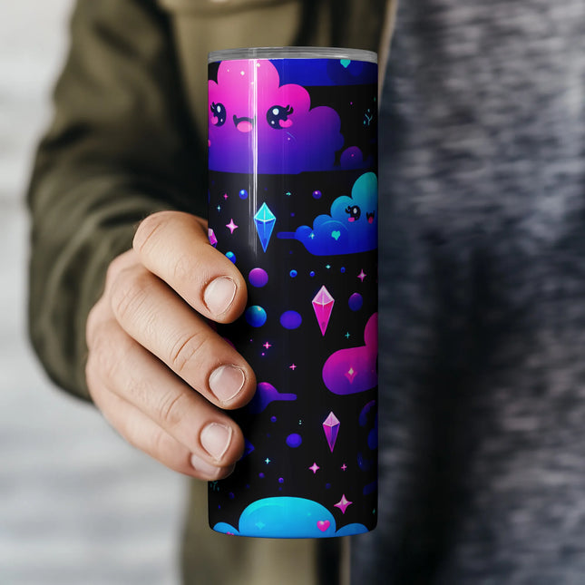 Affordable tumbler png sublimation wrap – kawaii night sky theme with happy clouds and gems