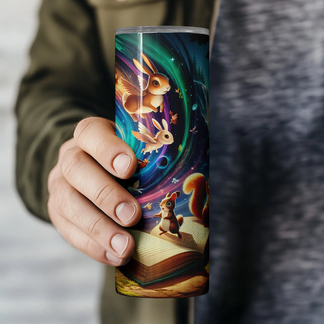 Affordable tumbler png sublimation wrap – whimsical flying rabbits and nature-themed craft design