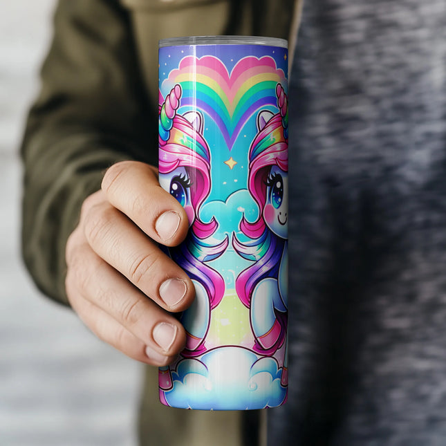 Cheap tumbler png sublimation wrap – twin unicorn design with bows and hearts for kids gifts