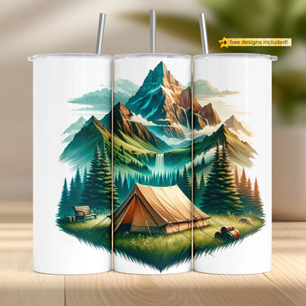 Buy alpine tent camping tumbler png for sublimation – digital mountain and forest wrap design