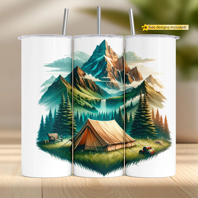 Buy alpine tent camping tumbler png for sublimation – digital mountain and forest wrap design