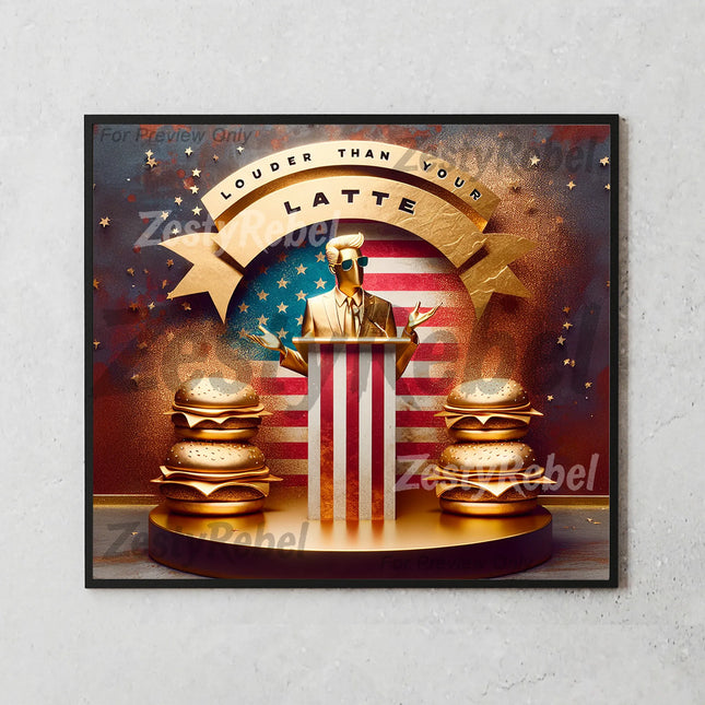 Gold-tone sublimation wrap with patriotic theme and “Louder Than Your Latte” quote.