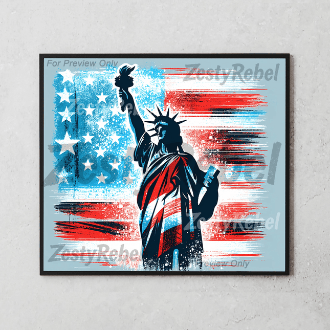 Sublimation PNG design featuring Lady Liberty and USA brushstroke flag textures.