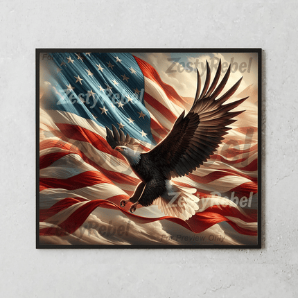 Mockup of 20oz tumbler with soaring bald eagle and waving U.S. flag – ready for sublimation print and DIY crafting.