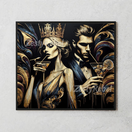 20oz tumbler wrap with moody regal man and woman, vintage textures, and elegant drinkware design.