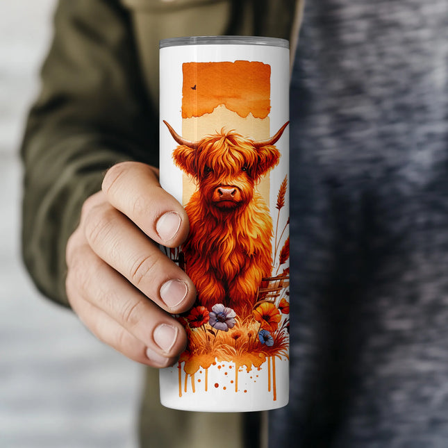 autumn watercolor Highland cow tumbler wrap design, 20oz sublimation file for cozy farmhouse crafting