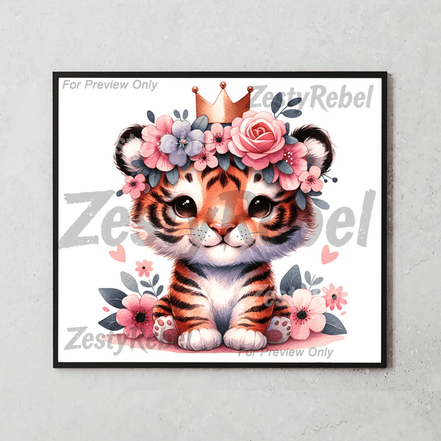 PNG wrap design featuring crowned tiger cub and pastel floral accents