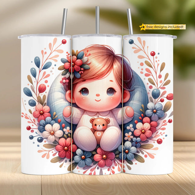 Tumbler wrap featuring cute baby with flowers and teddy bear in warm pastel tones