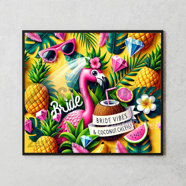 Best tumbler png for wall art and print on demand – fun flamingo bride design with tropical leaves and diamonds