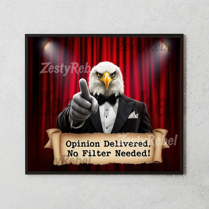 High-resolution tumbler design with American bald eagle pointing, red curtain backdrop, and strong message.