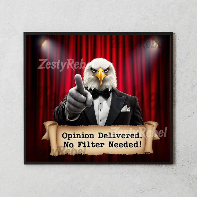 High-resolution tumbler design with American bald eagle pointing, red curtain backdrop, and strong message.