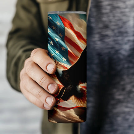 Close-up of majestic eagle wings and rippling stars & stripes background – sublimation-ready PNG for tumblers.
