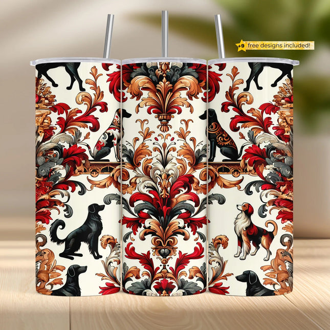 Buy tumbler png with baroque dog design – vintage red and gold sublimation wrap for crafters