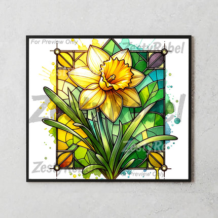 Best tumbler png for print on demand – daffodil wrap with stained glass and watercolor background