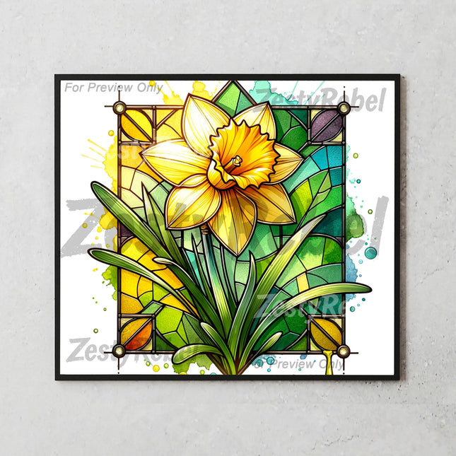 Best tumbler png for print on demand – daffodil wrap with stained glass and watercolor background