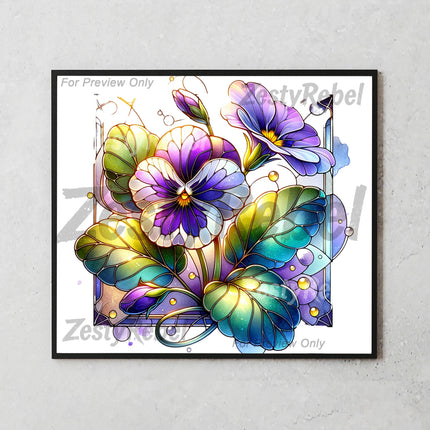 Best floral tumbler png for print on demand – stained glass pansy artwork with vibrant detail