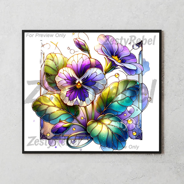 Best floral tumbler png for print on demand – stained glass pansy artwork with vibrant detail